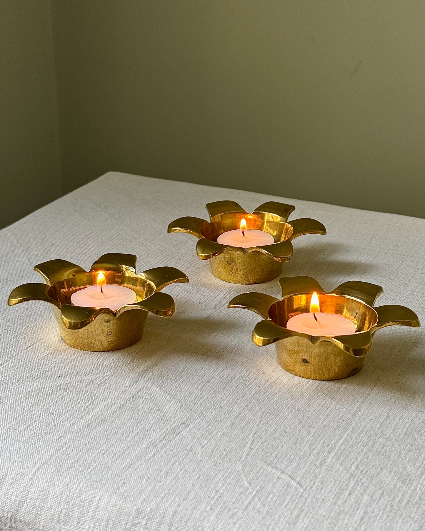 Set of 3 Swedish Mid-century Brass Flower Tealight Holders