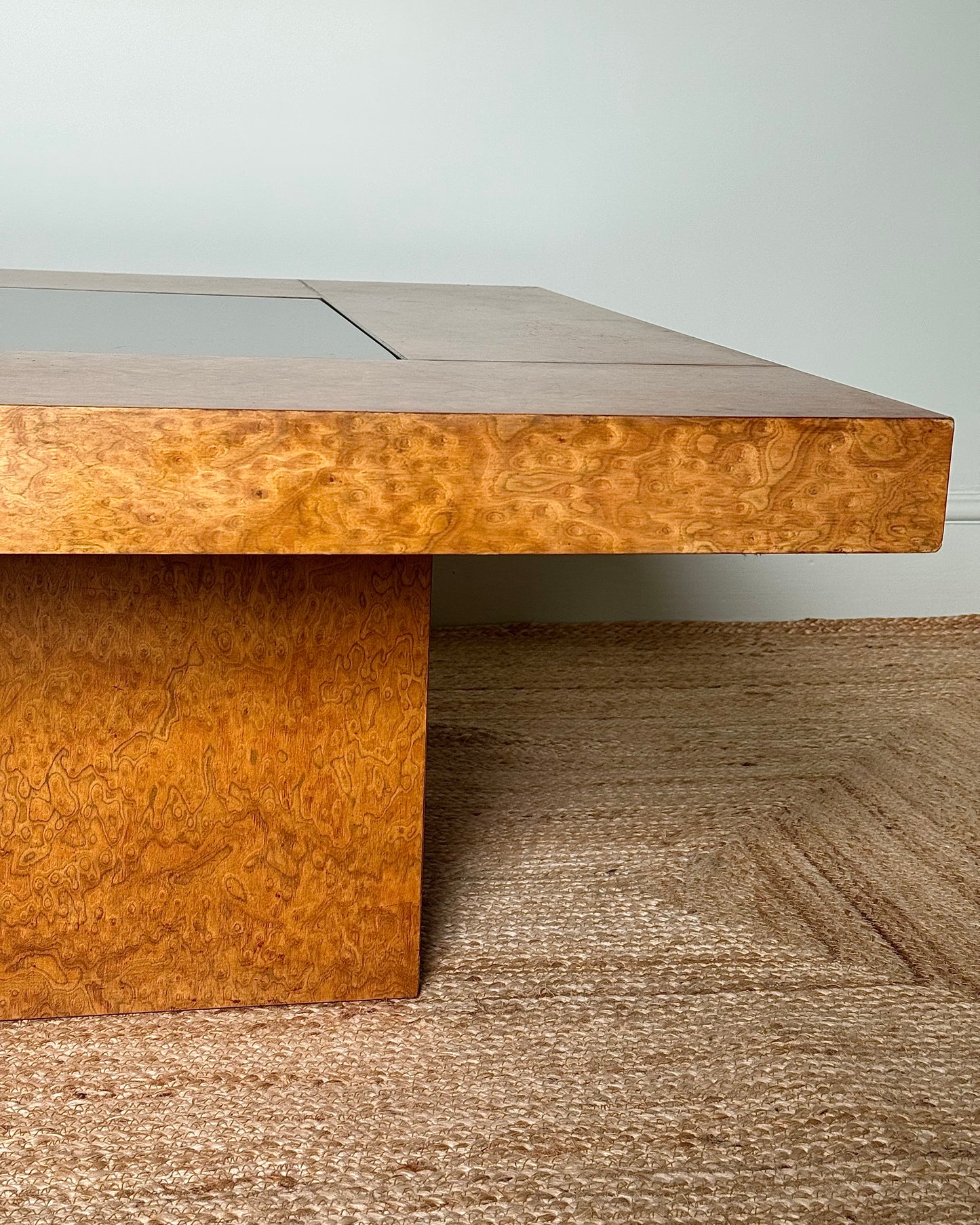 1970’s Birdseye Burlwood Maple, Brass Inlay & Smoked Glass Coffee Table