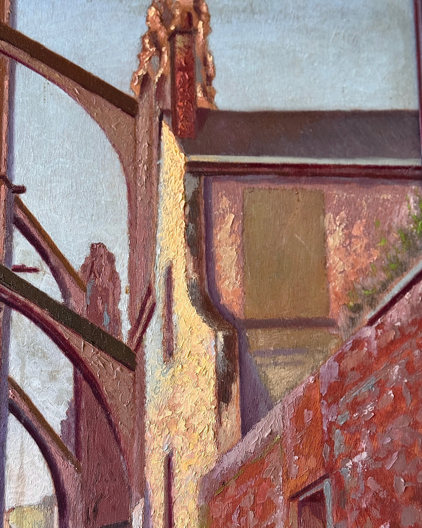 Mid century european architectural landscape oil on board depicting a cathedral in Chartres, France. The painting is in a post-impressionist style with influence from expressionism. The painting features a rich, somewhat muted colour palette with visible brush strokes, which adds an interesting texture. The painting is signed A Jaequet 1943.
