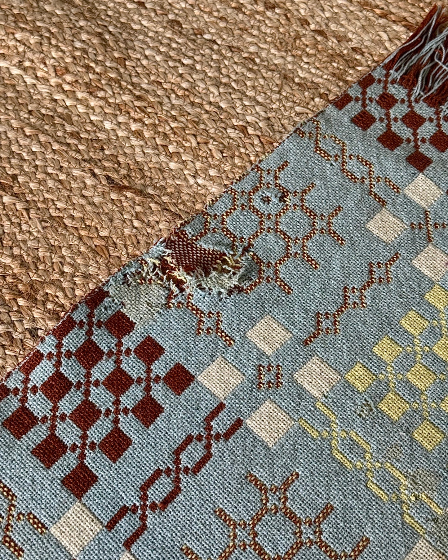 Vintage Welsh Wool Tapestry Blanket in Pastel Blue, Brown & Yellow
