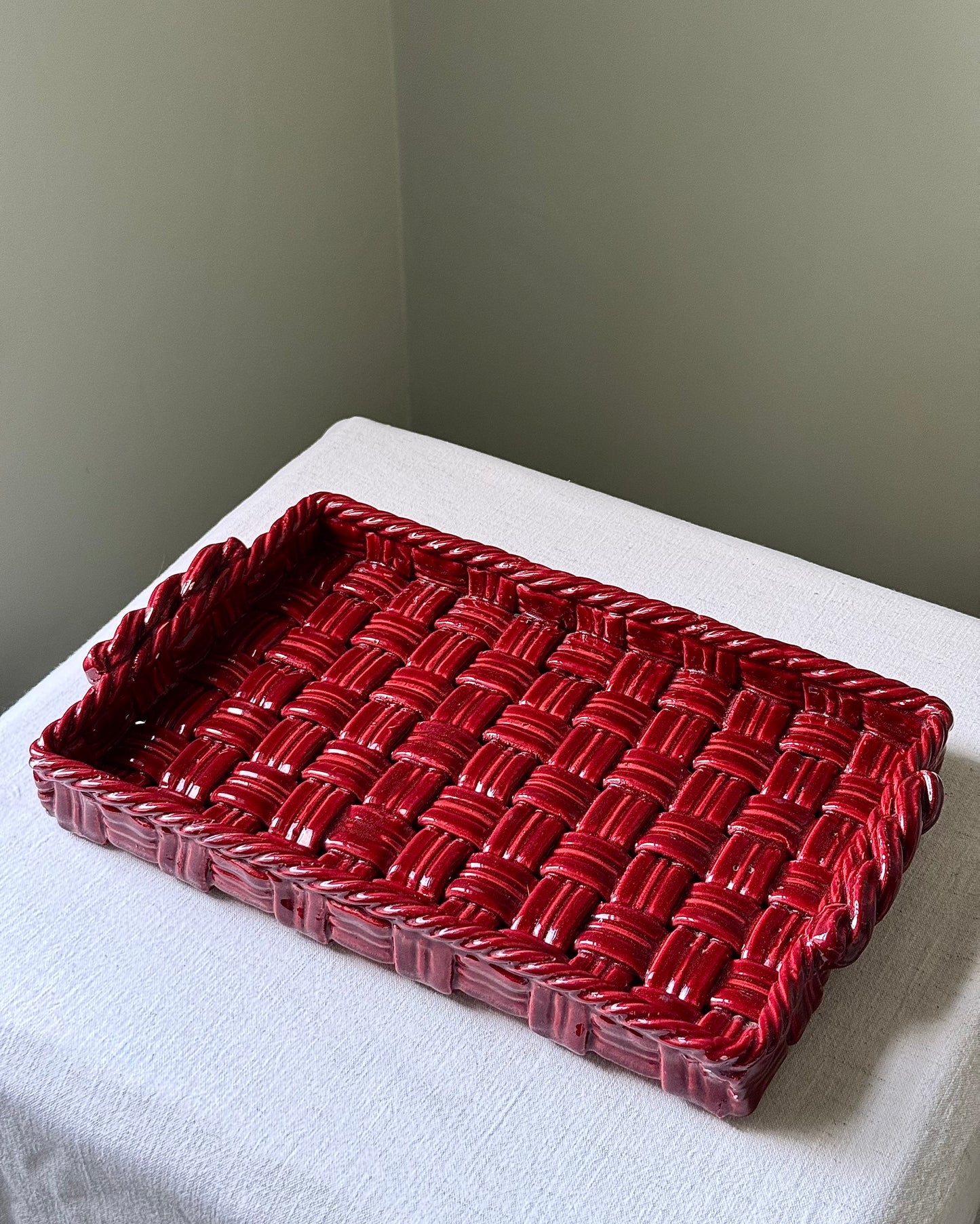 Mid-Century Vallauris Red Woven Ceramic Tray