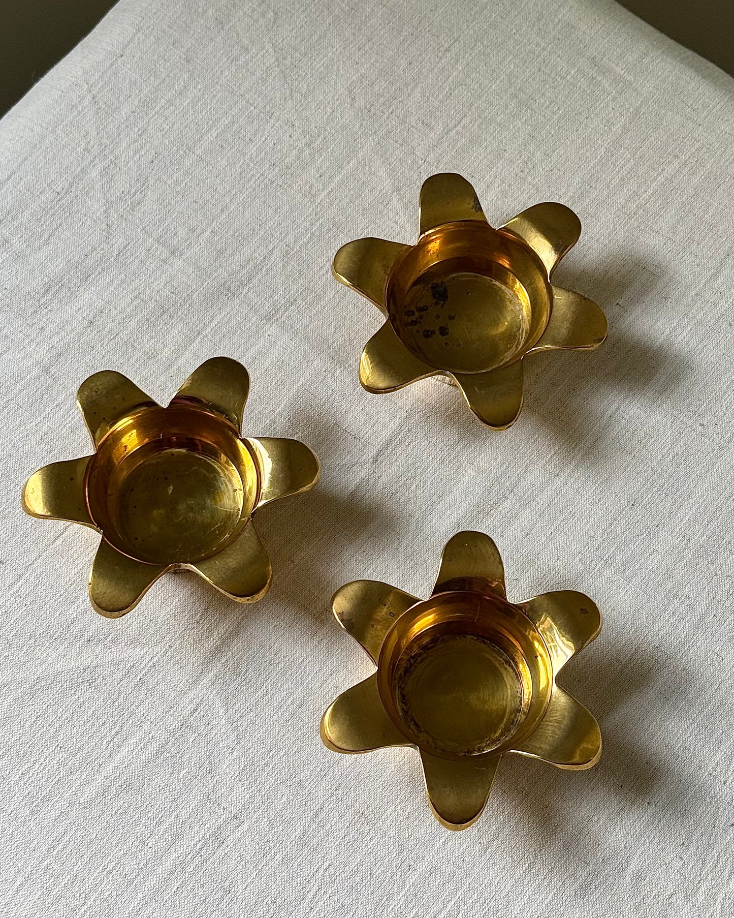 Set of 3 Swedish Mid-century Brass Flower Tealight Holders