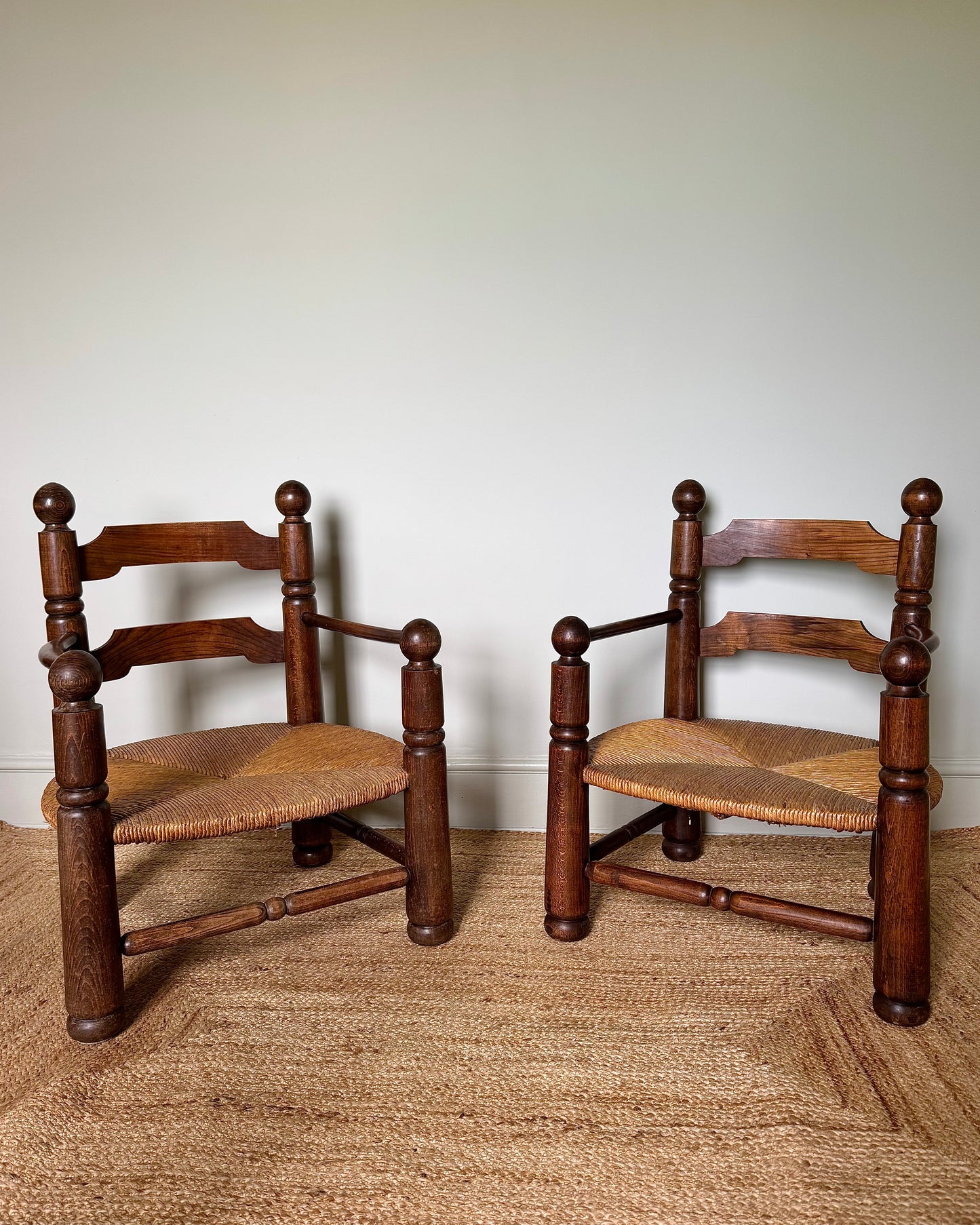 Pair of Charles Dudouyt Oak and Rush Armchairs, 1940s