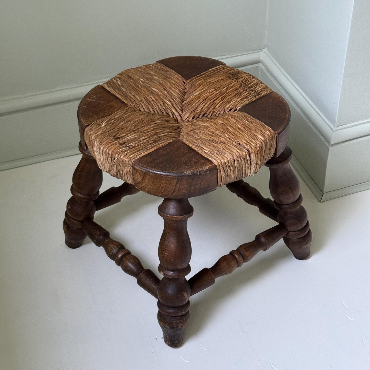 Brutalist Oak Woven Rush Stool