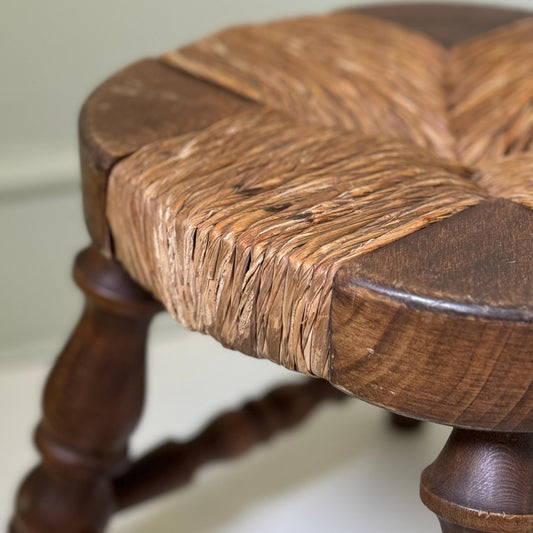 Brutalist Oak Woven Rush Stool