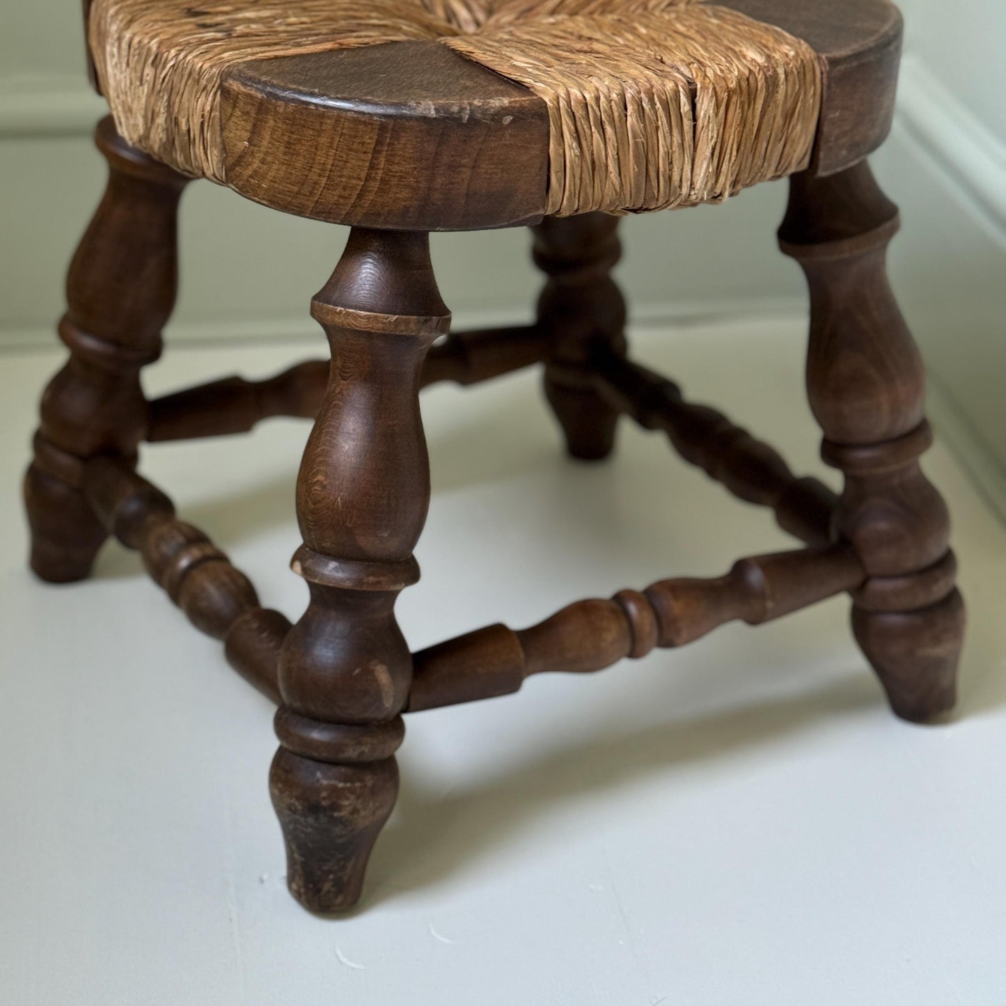 Brutalist Oak Woven Rush Stool