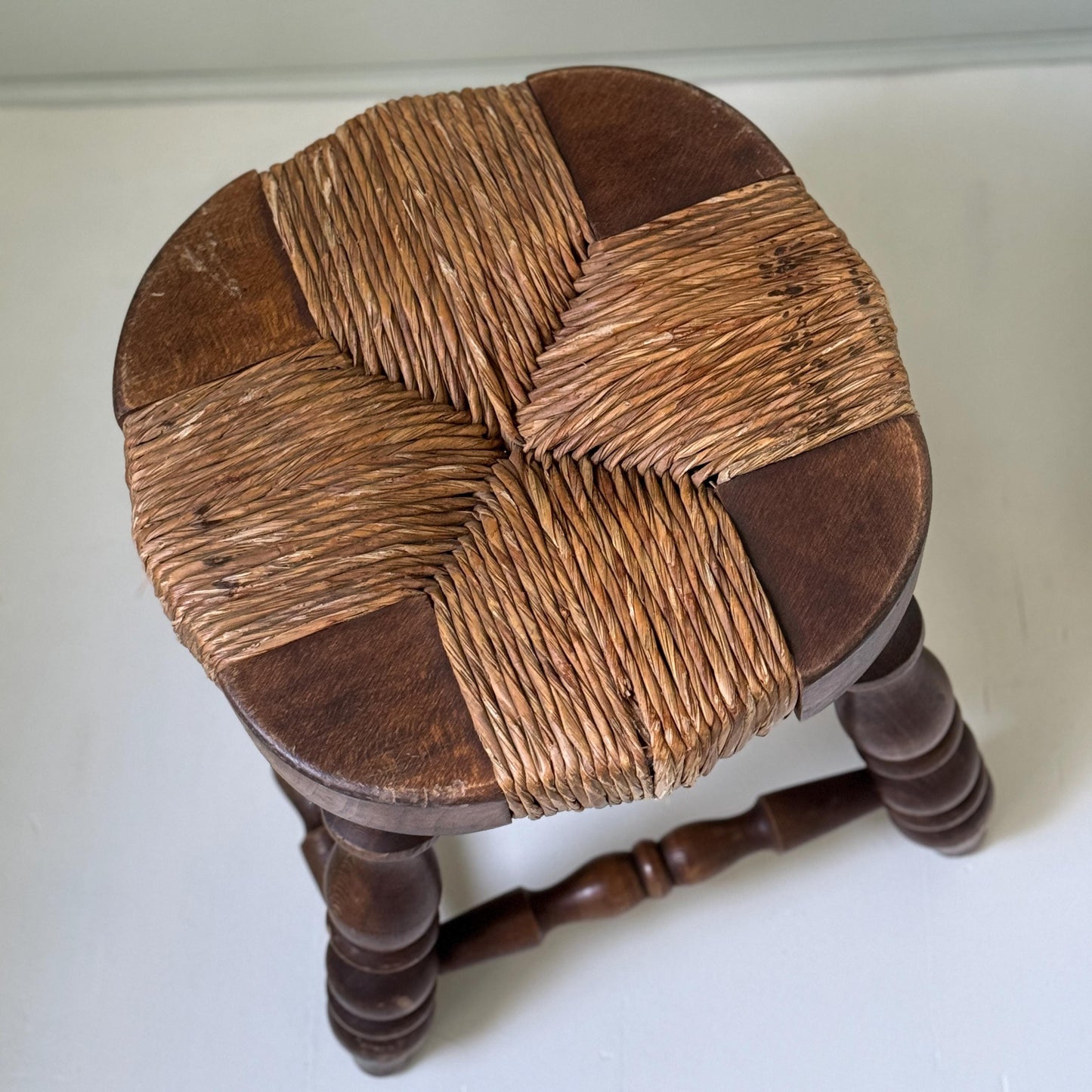 Brutalist Oak Woven Rush Stool