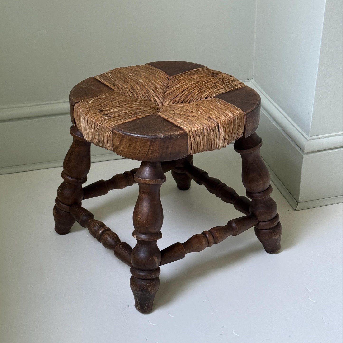 Brutalist Oak Woven Rush Stool