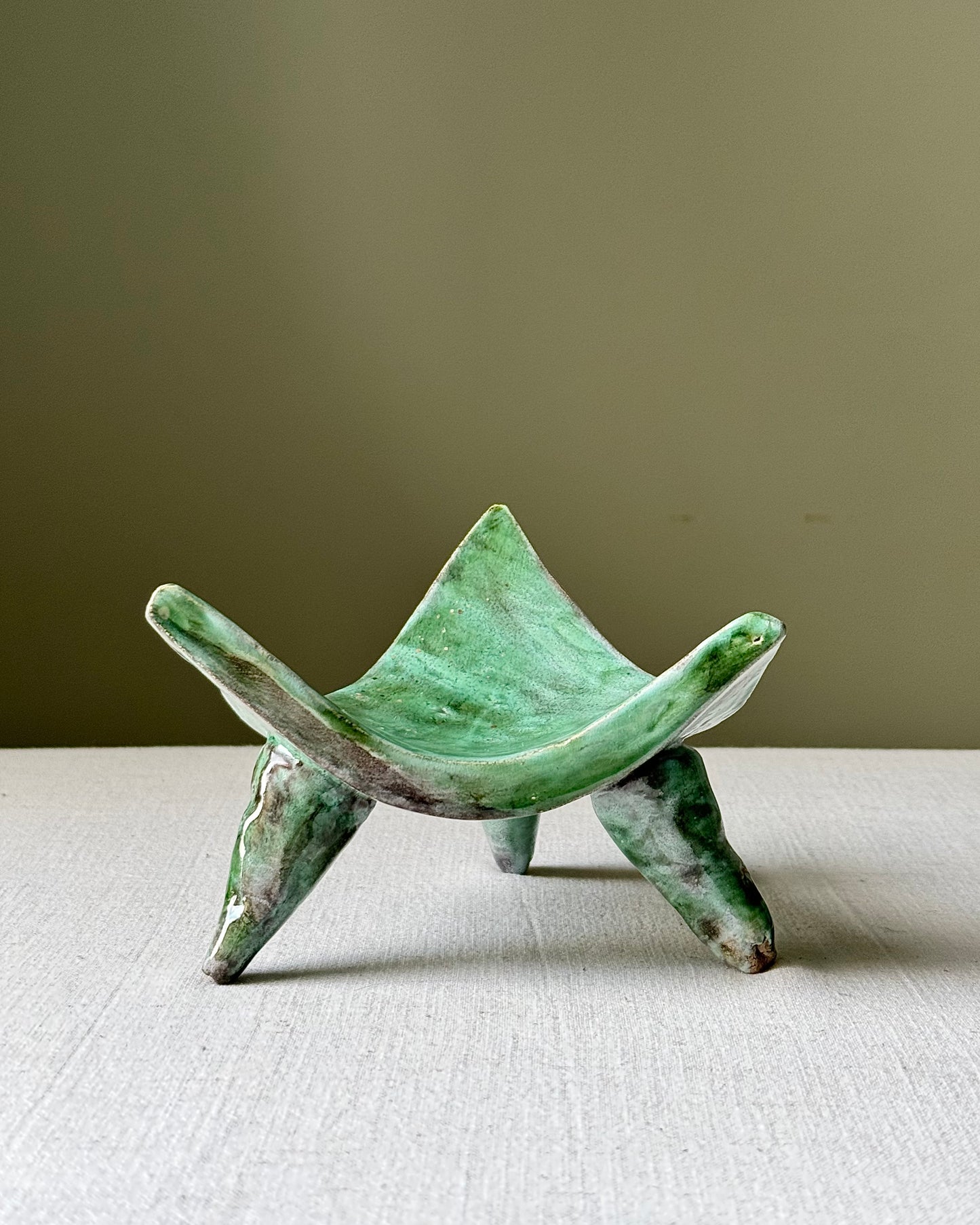 French 1970s Studio Pottery Green Glaze Tripod Dish