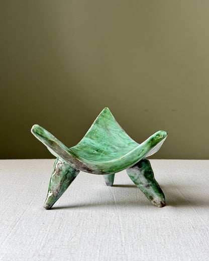 French 1970s Studio Pottery Green Glaze Tripod Dish