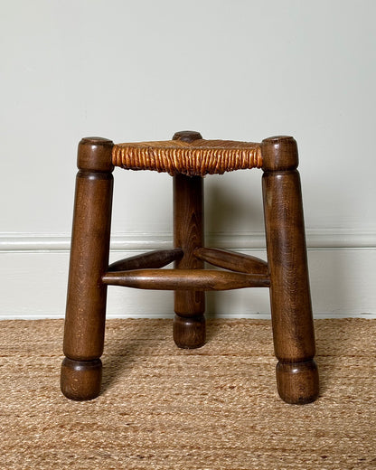 French Oak & Rush Stool, In the manner of Charles Dudouyt