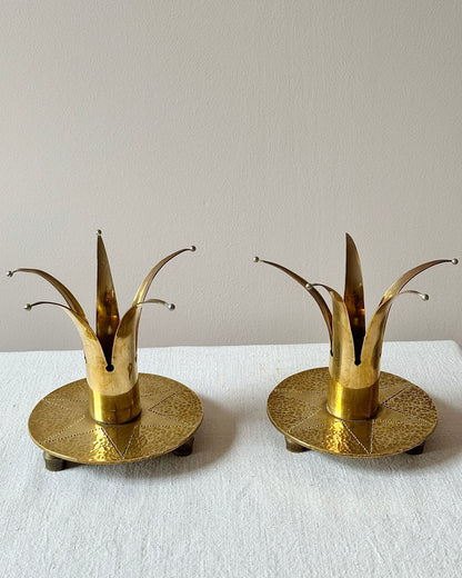 Pair of Swedish Brass Crown Candleholders with Hammered Bases, circa 1950