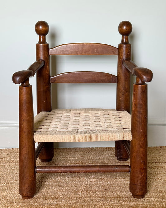 French Low Oak & Rope Armchair, in the style of Charles Dudouyt