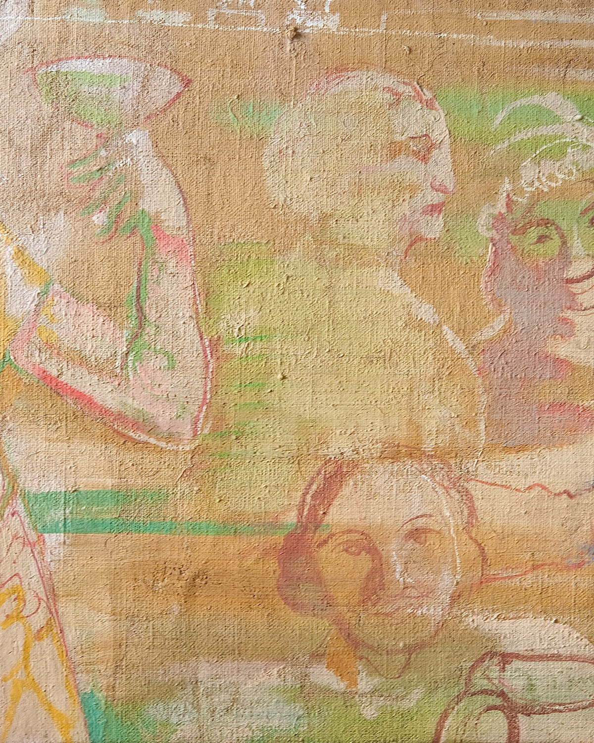 French Painted Hessian Mural Fragment with Figures Drinking Wine, 1970s