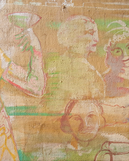 French Painted Hessian Mural Fragment with Figures Drinking Wine, 1970s