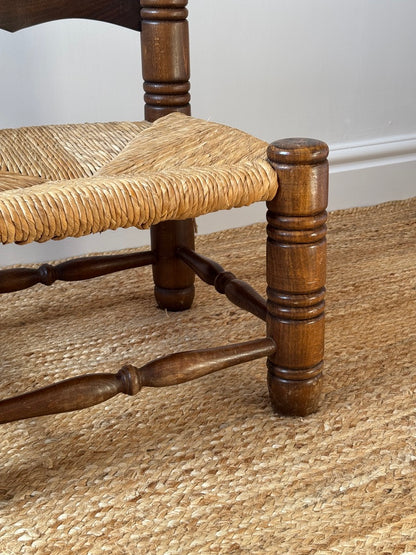 1940s Oak & Rush Low Armchair, in the manner of Charles Dudouyt