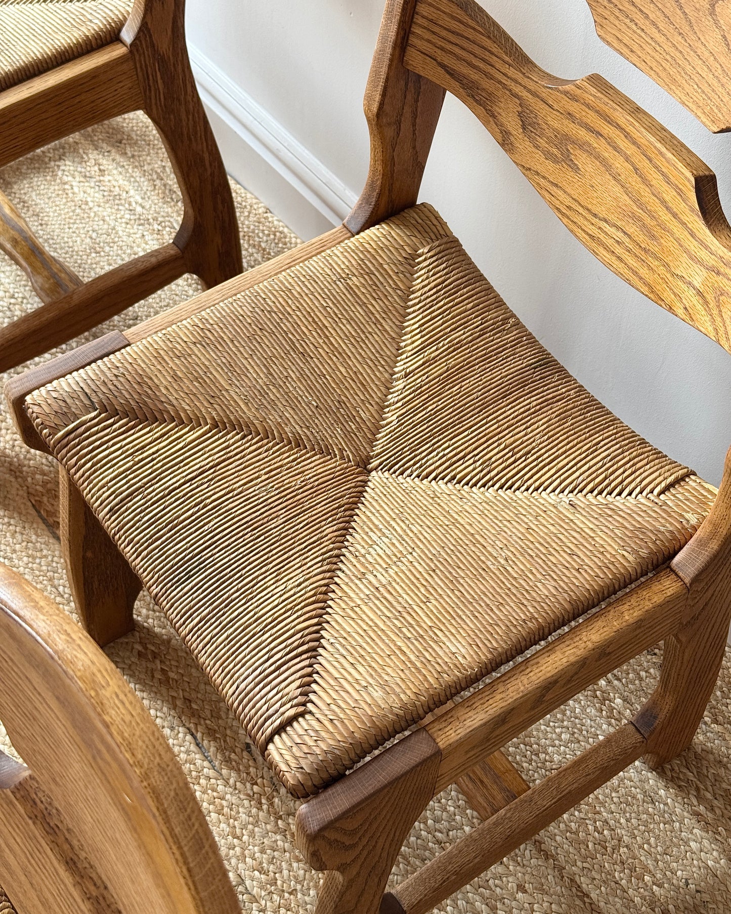 Set of Four Razor Back Oak & Rush Dining Chairs by Guillerme et Chambron