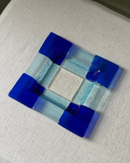 Scandinavian Geometric Blue & Aqua Glass Dish, 1970’s