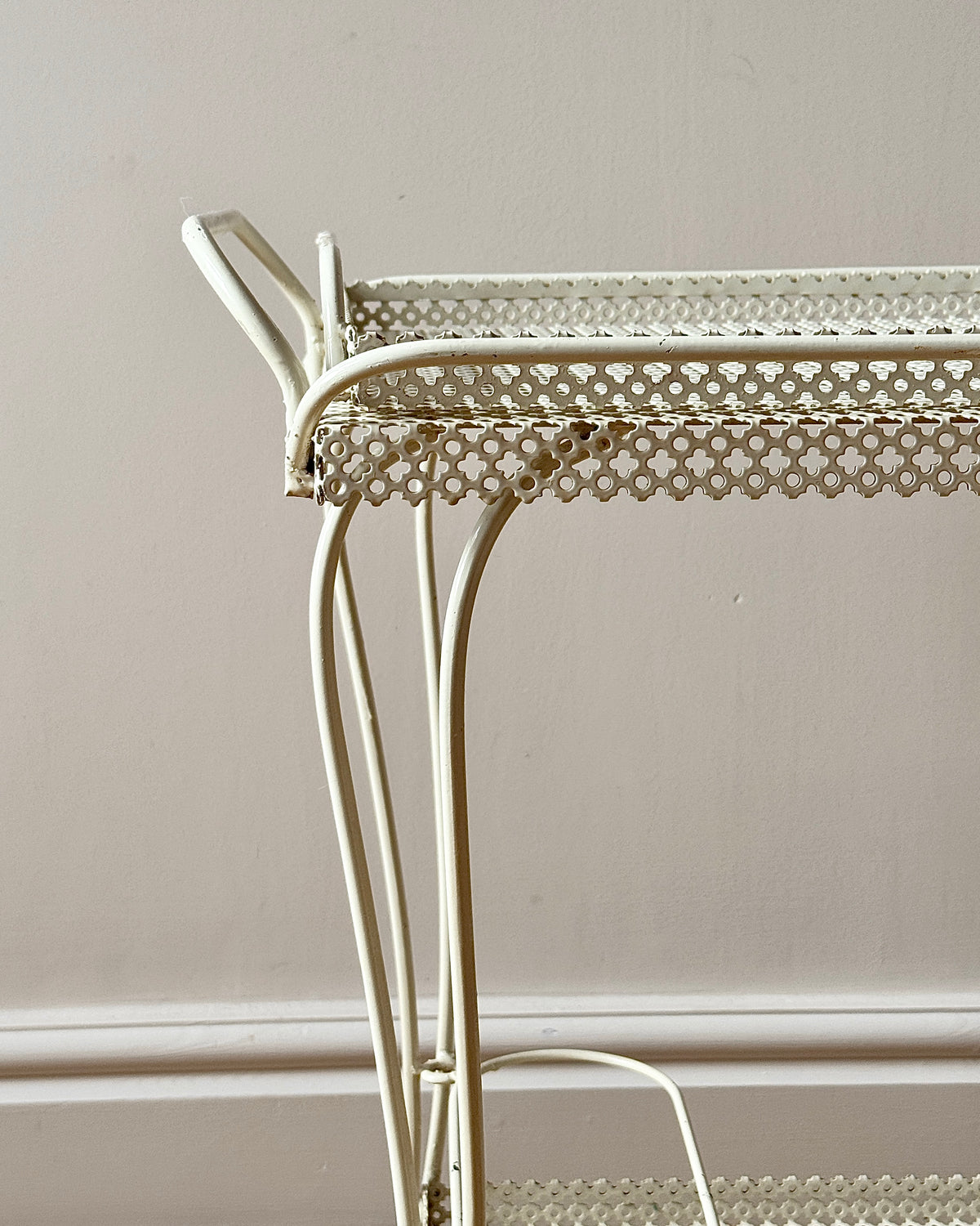 White Perforated Metal Bar Cart, In the Style of Mathieu Matégot