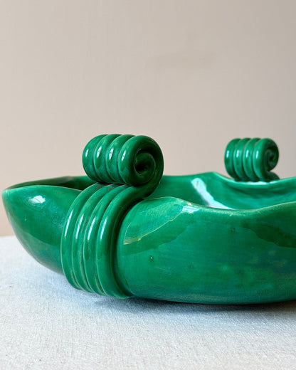 French Art Deco Ceramic Green Bowl with Scrolled Handles - Club Sourced
