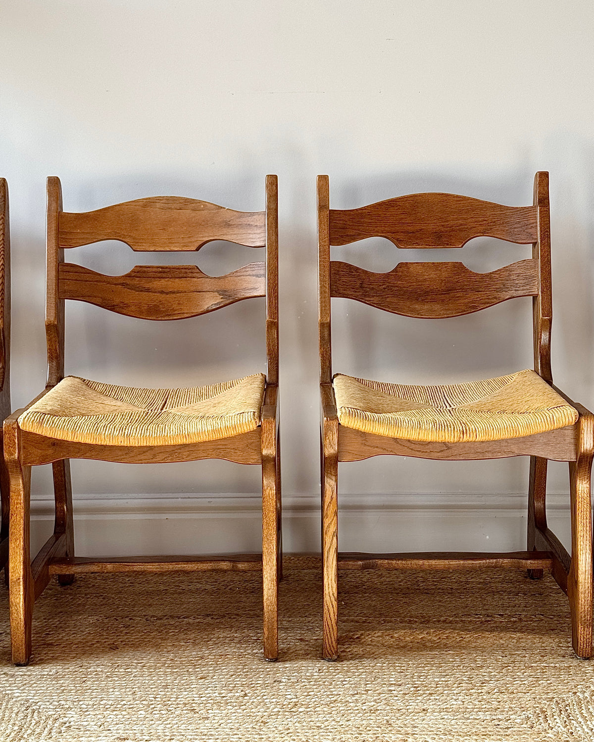 Set of Four Razor Back Oak & Woven Dining Chairs by Guillerme et Chambron