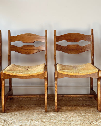 Set of Four Razor Back Oak & Woven Dining Chairs by Guillerme et Chambron