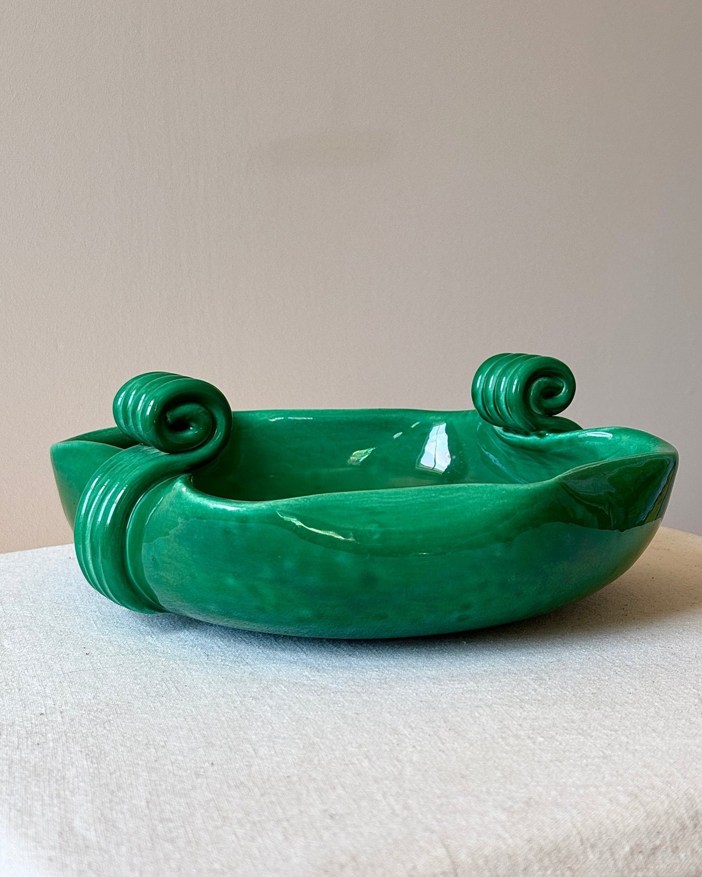 French Art Deco Ceramic Green Bowl with Scrolled Handles - Club Sourced