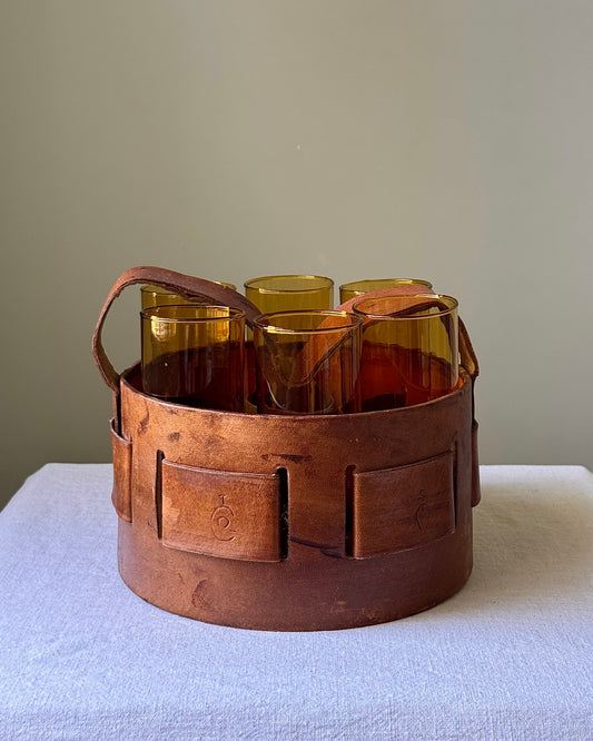 Mid-century Mexican Artisan Leather Caddy & Glass Drinks Set