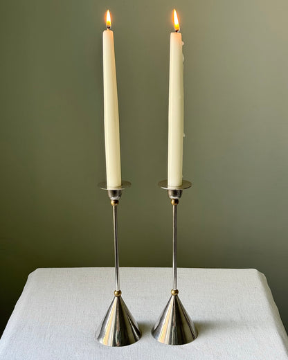 Pair of Chrome and Brass Memphis Style Candlesticks