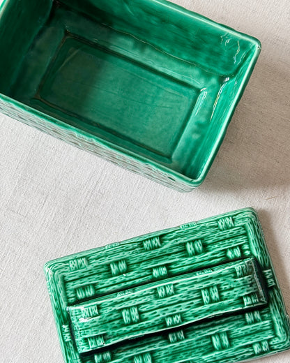 Digoin & Sarreguemines Green Basketweave Lidded Box