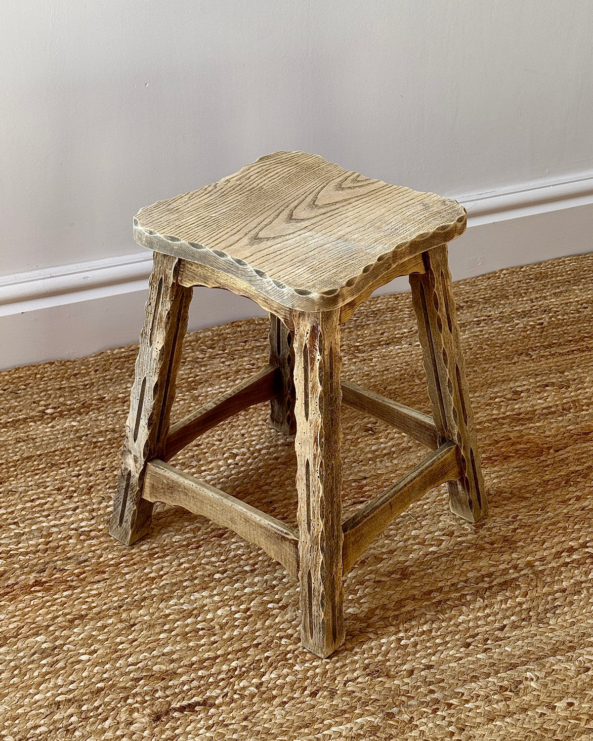 French Folk Art Carved Oak Stool