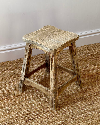 French Folk Art Carved Oak Stool