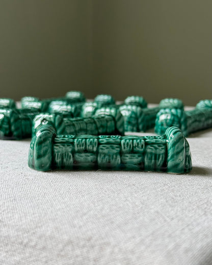 Set of 10 French Majolica Ceramic Green Glaze Woven Cutlery Rests, Digoin Sarreguemines