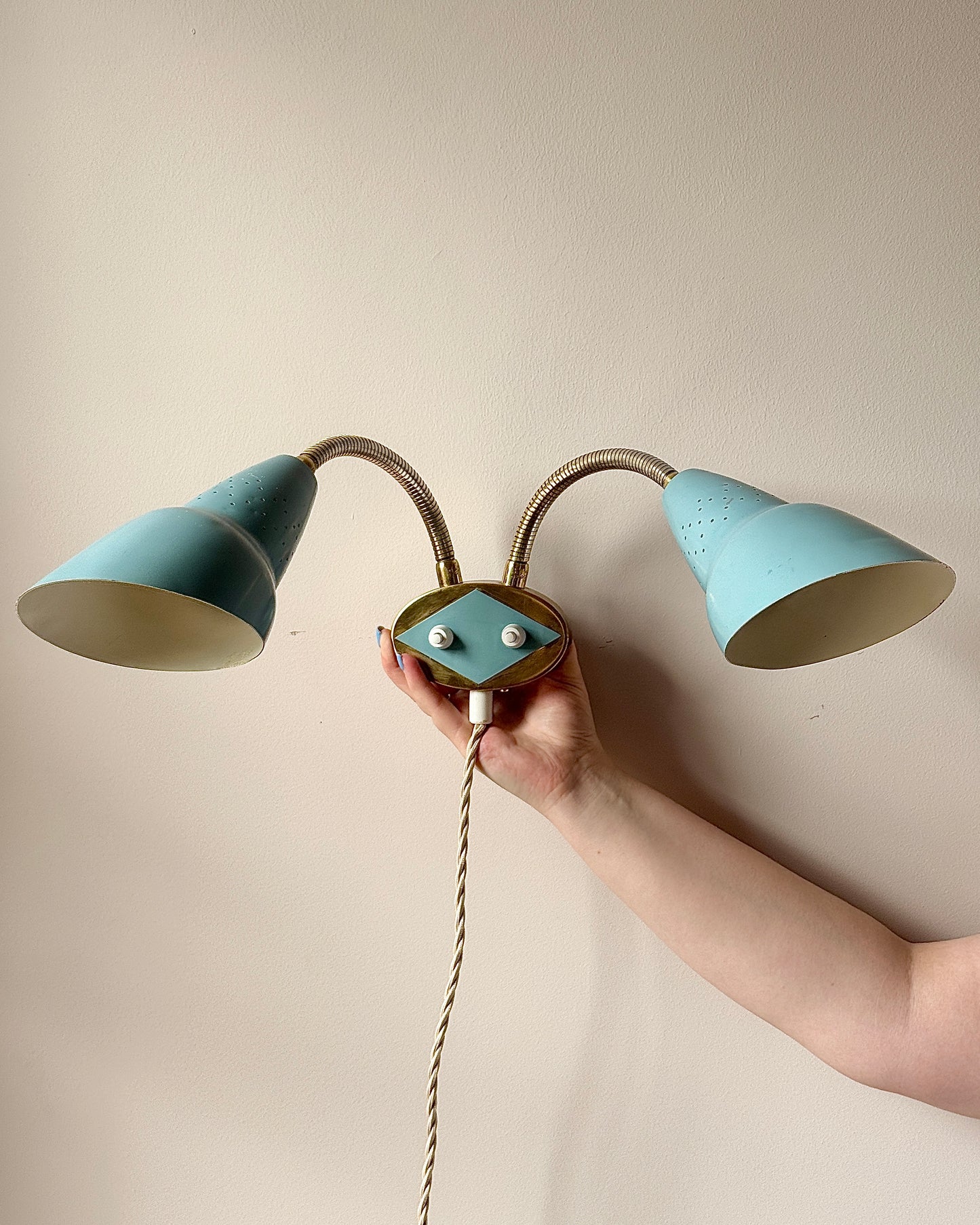 Double Gooseneck Blue & Brass AJH Wall Light, Sweden c.1950s