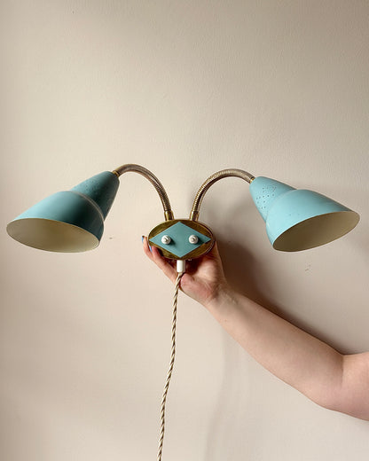 Double Gooseneck Blue & Brass AJH Wall Light, Sweden c.1950s