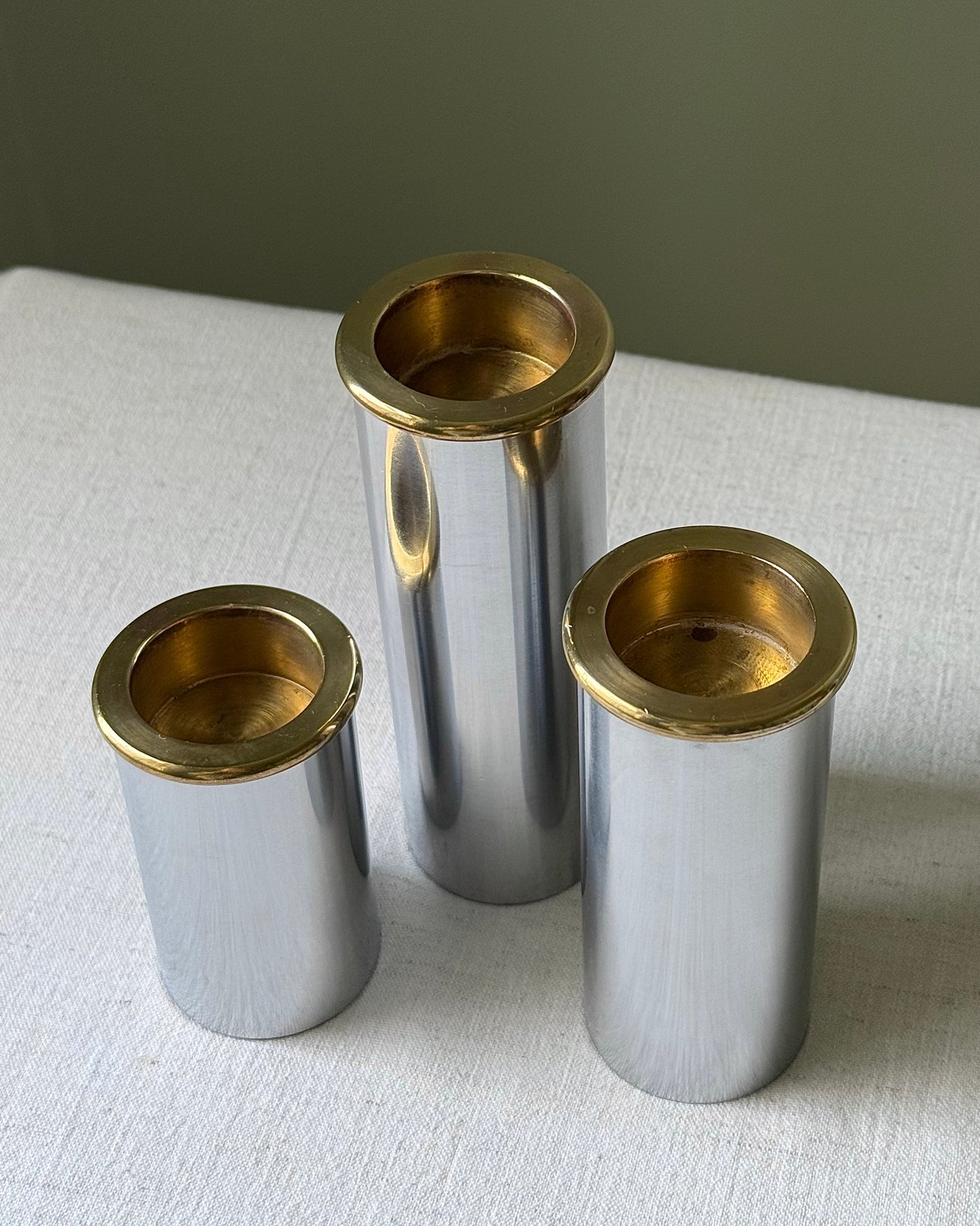 Trio of Brushed Steel and Brass Tealight Holders, in the Manner of Staffan Englesson