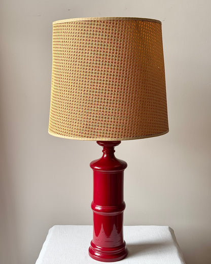 Italian Red Lacquered Turned Wood Table Lamp, c.1960