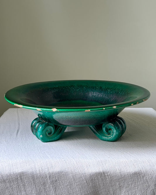 Early 20th Century Italian Green Glazed Ceramic Bowl with Scroll Feet