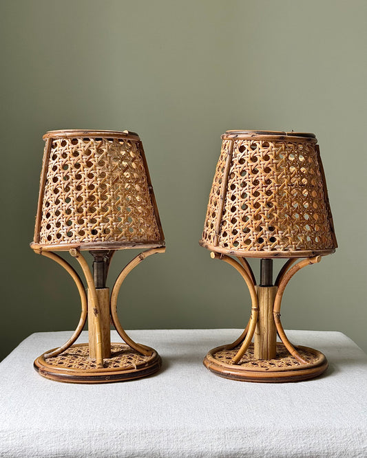 Pair of Italian 1970’s Cane & Rattan Table Lamps