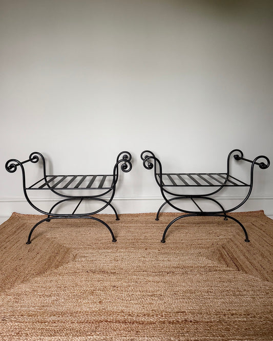 Pair of Wrought Iron Curule Stools with Scrolled Arms