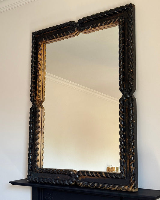 Large Black Oak Twisted Rope Mirror, Late 19th Century - Club Sourced