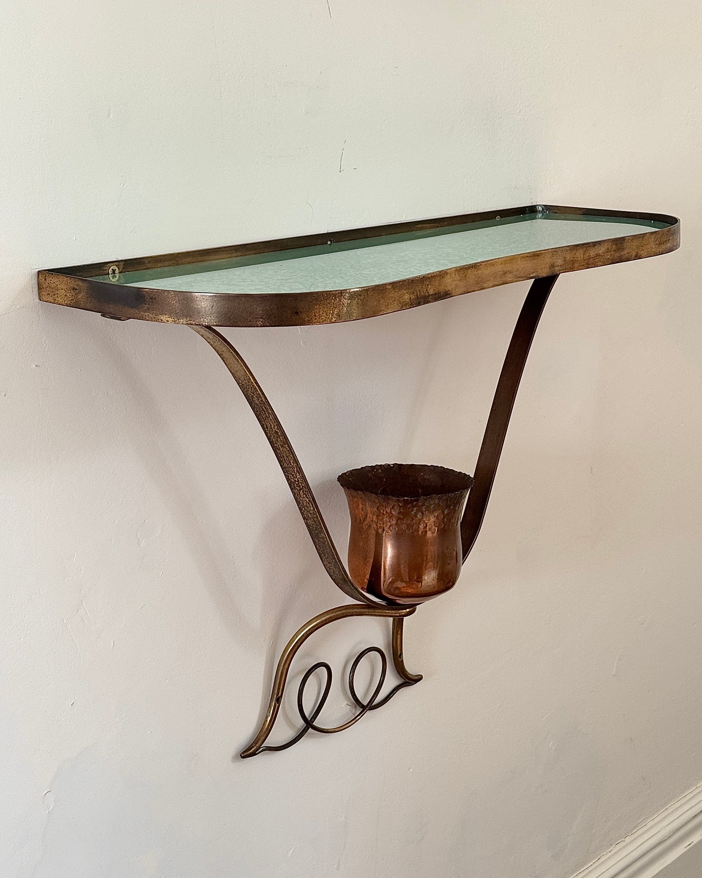 Italian Brass Sheild Mirror and Console, Attributed to Gio Ponti, c.1950s