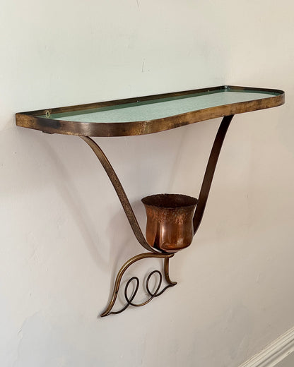 Italian Brass Sheild Mirror and Console, Attributed to Gio Ponti, c.1950s