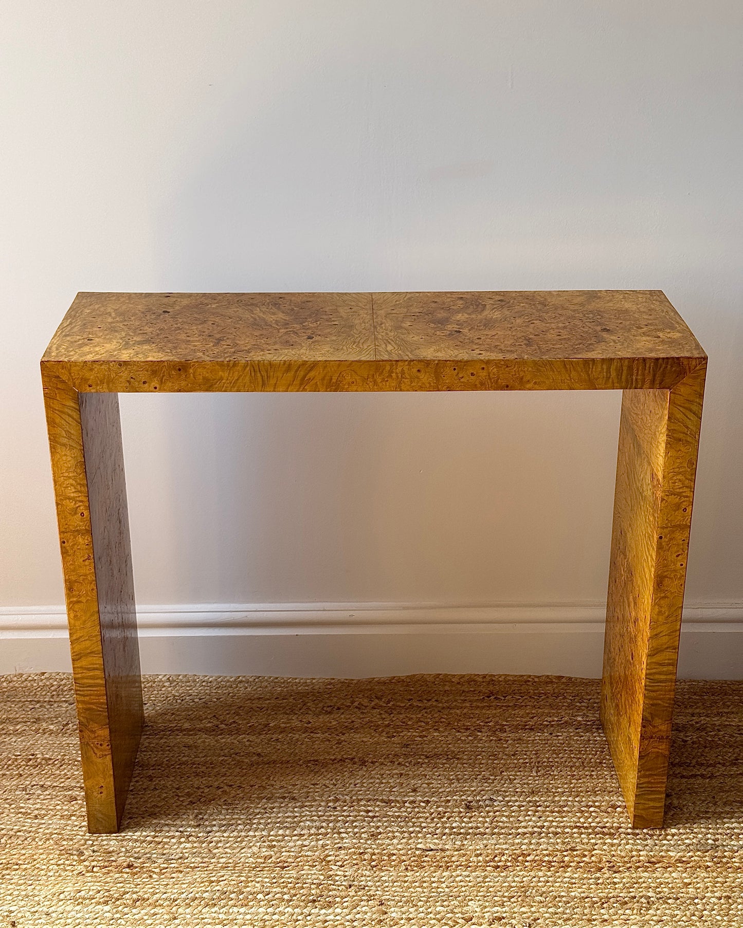 Italian Burl Waterfall Console Table, c.1970s