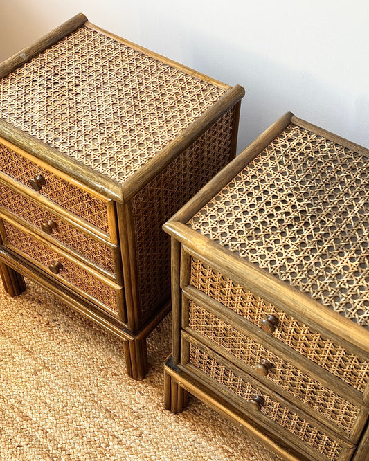 Pair of Cane & Bamboo Bedside Tables Attributed to Roche Bobois