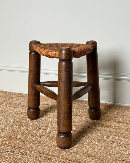 French Oak & Rush Stool, In the manner of Charles Dudouyt