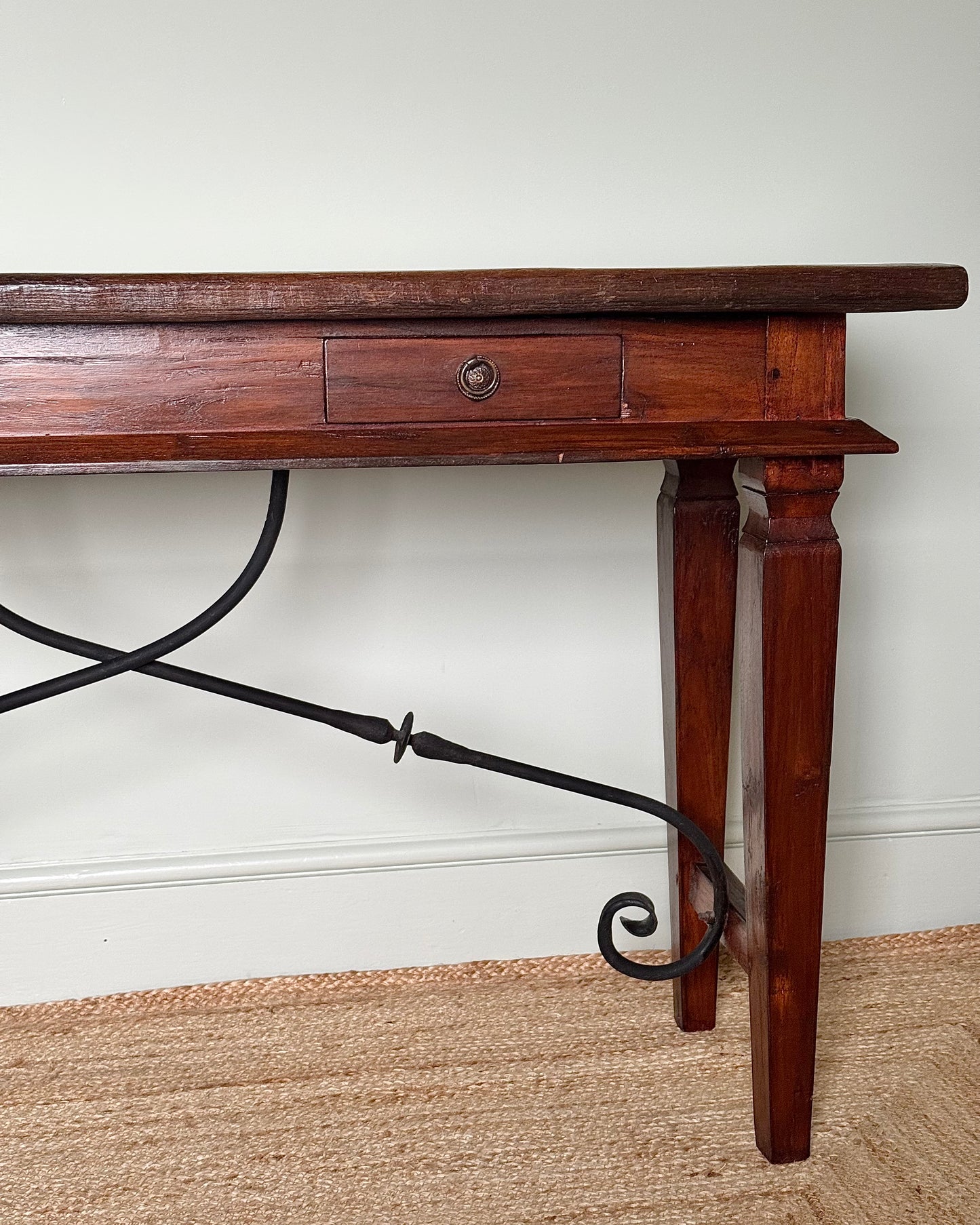 1940’s Spanish Console Table with Sculptural Iron Stretcher