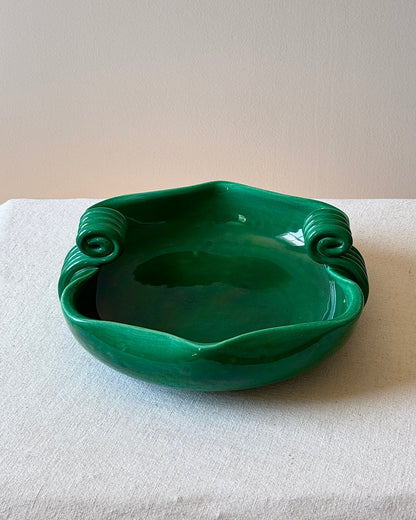 French Art Deco Ceramic Green Bowl with Scrolled Handles - Club Sourced