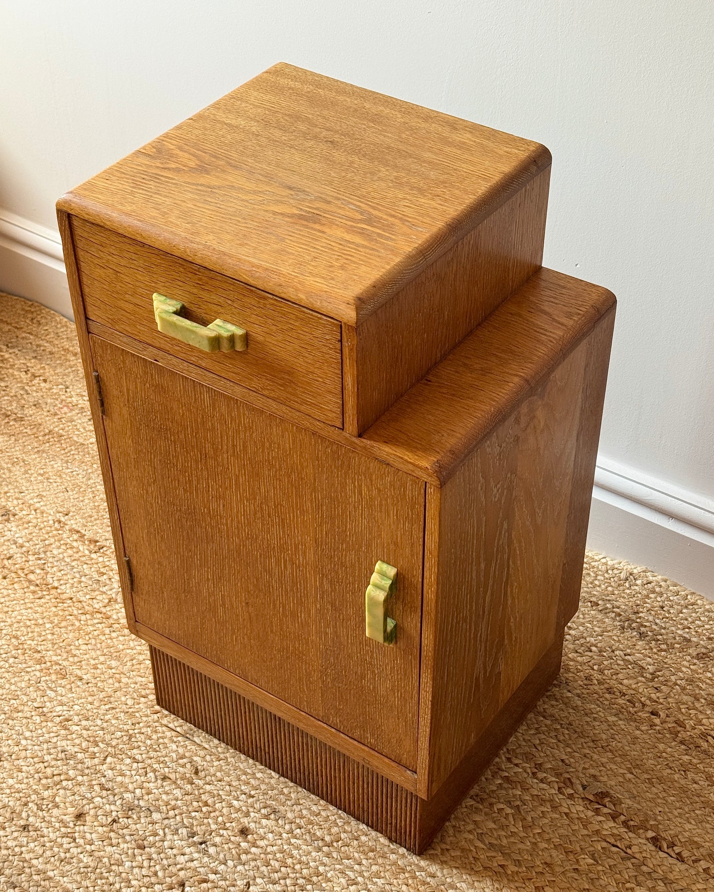 Pair of Art Deco Limed Oak Bedside Tables, c.1930