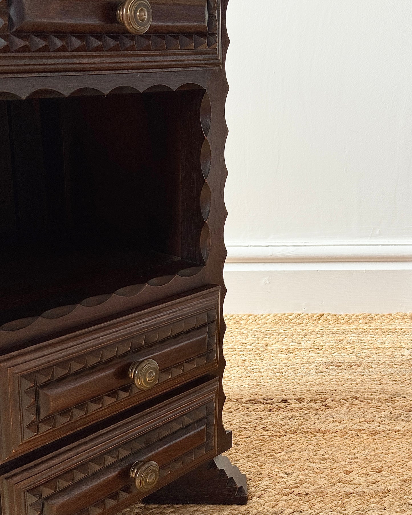 Pair of Folk Carved Oak Bedside Tables, French c.1940